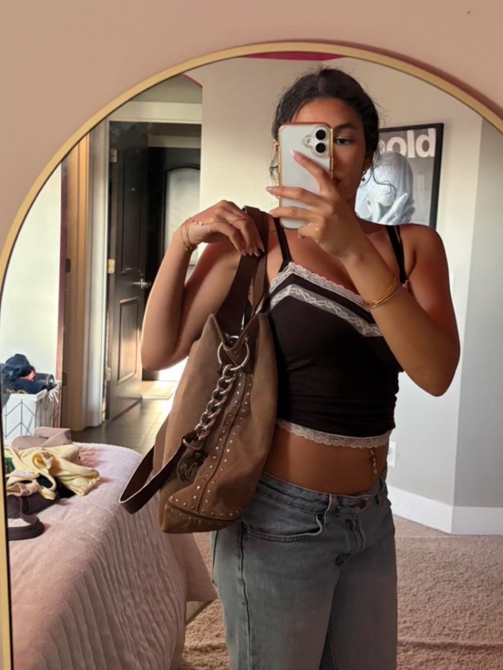 Michael Kors Brown Suede Chain-Accent Hobo Satchel